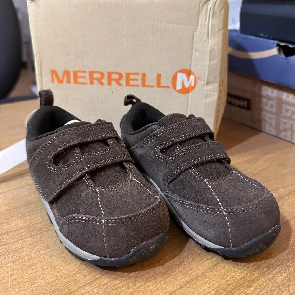 Merrell Jungle Moc Dual Strap Shoes Kids Size 9 Espresso Brown Suede Hook Loop